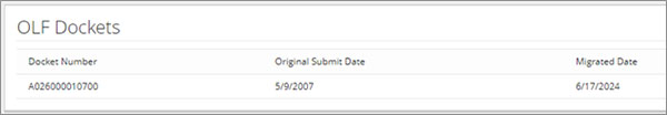 Screenshot of Case Summary page showing OLF Dockets section