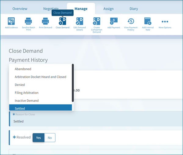 Screenshot of Close Demand Options